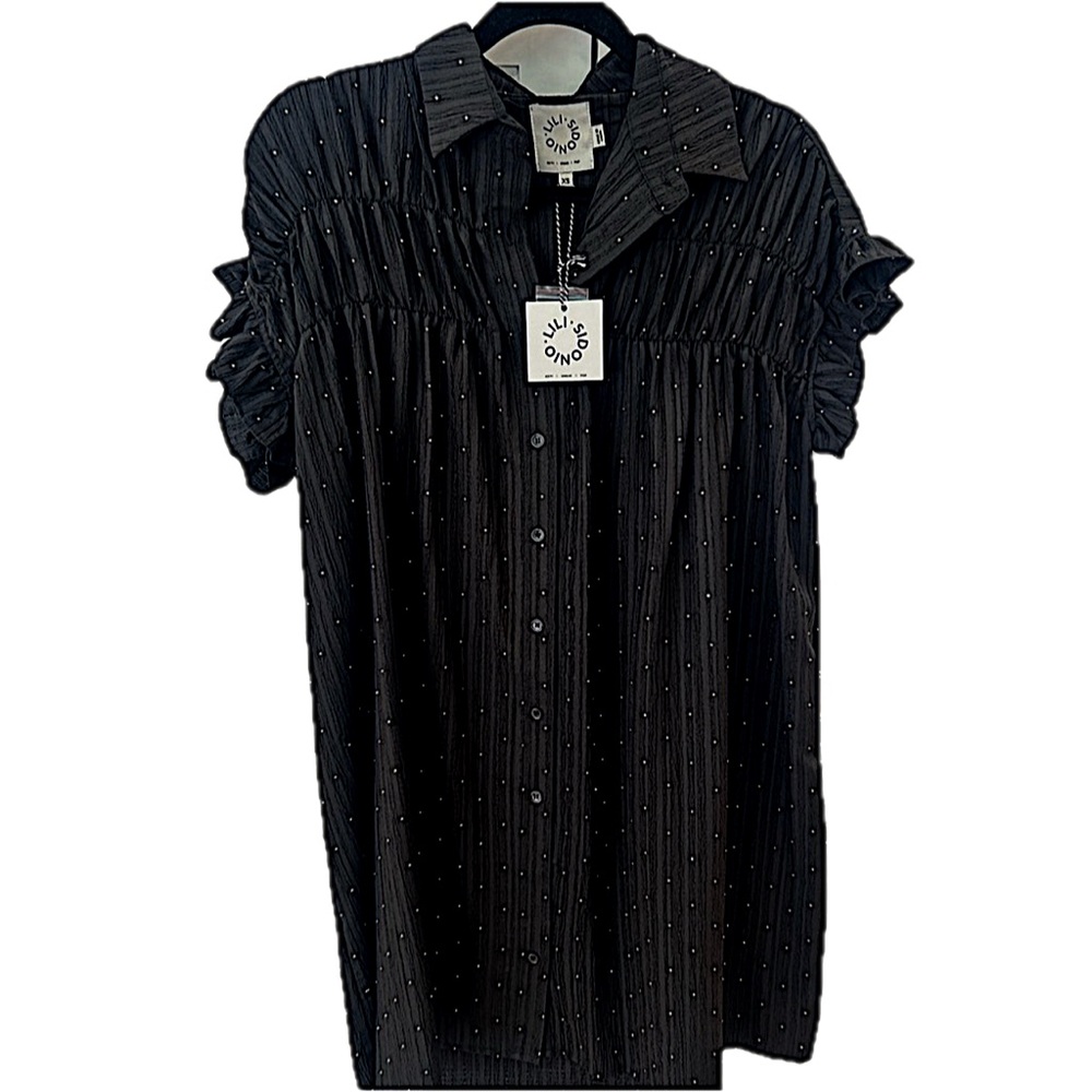 Lili Sidonio Black Shift Dress NWT XS | Pleated Chest | Jeweled | Lili Sidonio